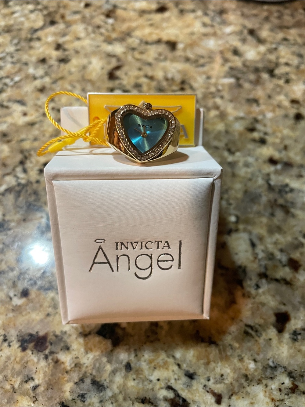 Invicta Gold Tone Heart Ring with Teal Dial and Crystal Accents